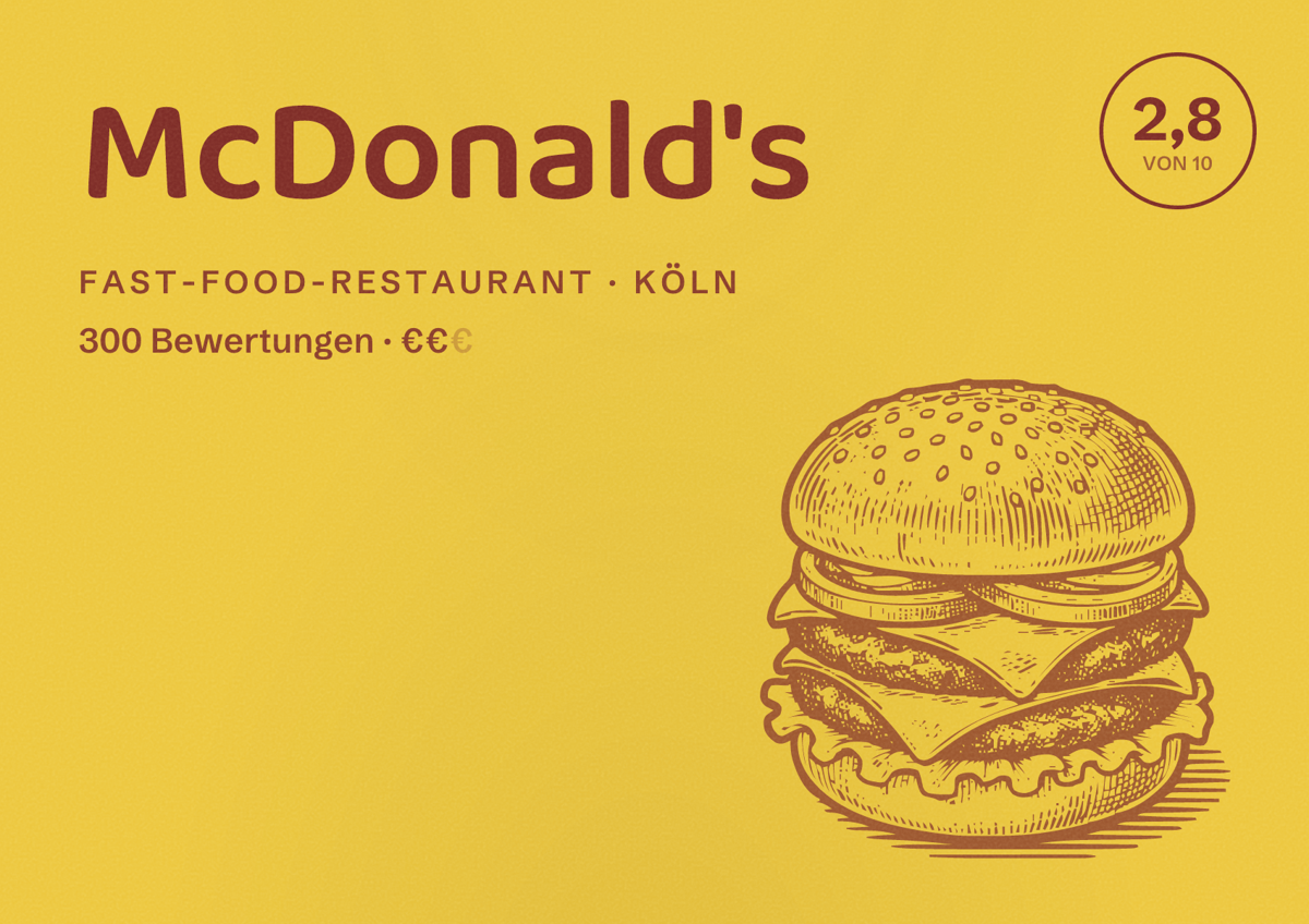 Illustriertes Poster von McDonald's, Fast-Food-Restaurant in Köln: Bewertung 2,8 von 10 aus 300 Bewertungen, Preisniveau €€