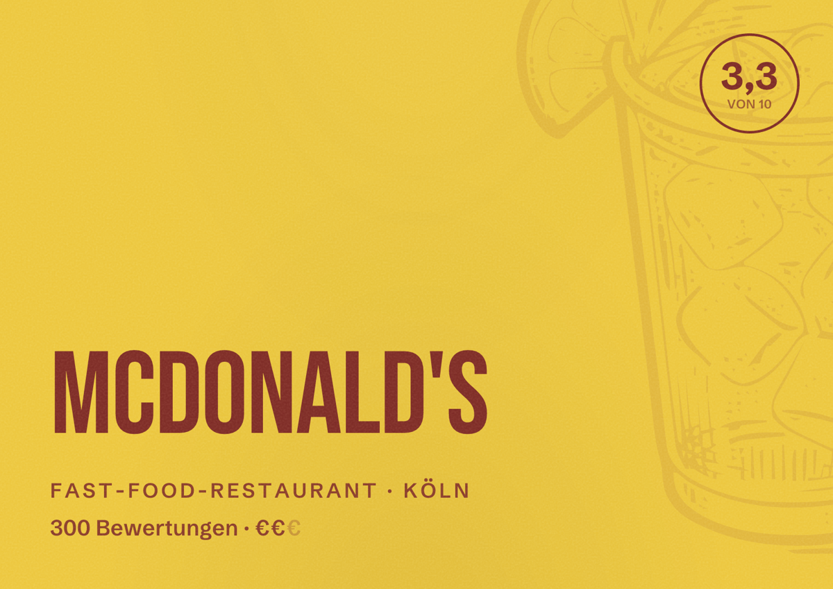 Illustriertes Poster von McDonald's, Fast-Food-Restaurant in Köln: Bewertung 3,3 von 10 aus 300 Bewertungen, Preisniveau €€