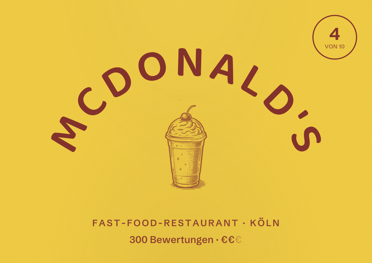 Illustriertes Poster von McDonald's, Fast-Food-Restaurant in Köln: Bewertung 4 von 10 aus 300 Bewertungen, Preisniveau €€