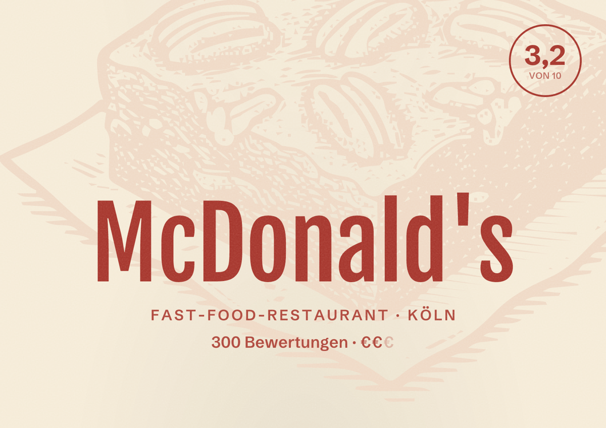 Illustriertes Poster von McDonald's, Fast-Food-Restaurant in Köln: Bewertung 3,2 von 10 aus 300 Bewertungen, Preisniveau €€