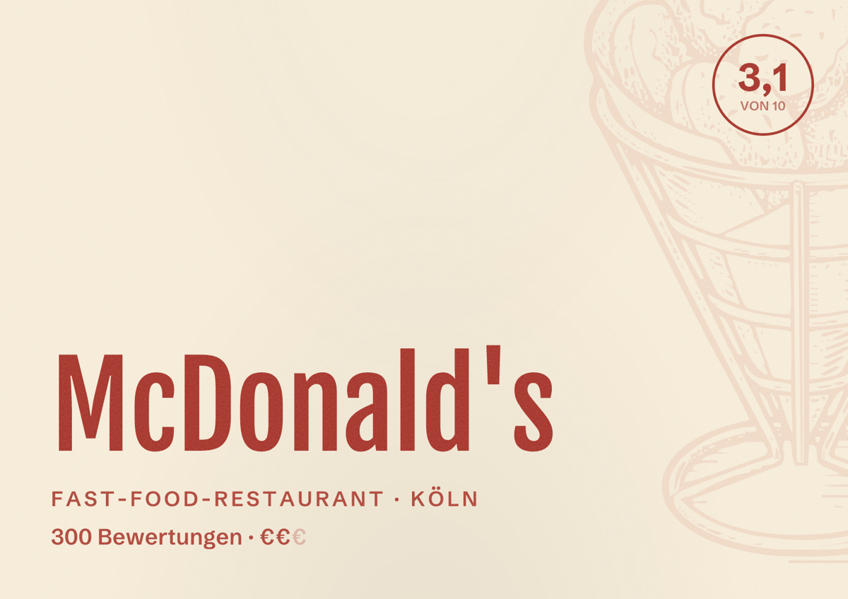 Illustriertes Poster von McDonald's, Fast-Food-Restaurant in Köln: Bewertung 3,1 von 10 aus 300 Bewertungen, Preisniveau €€