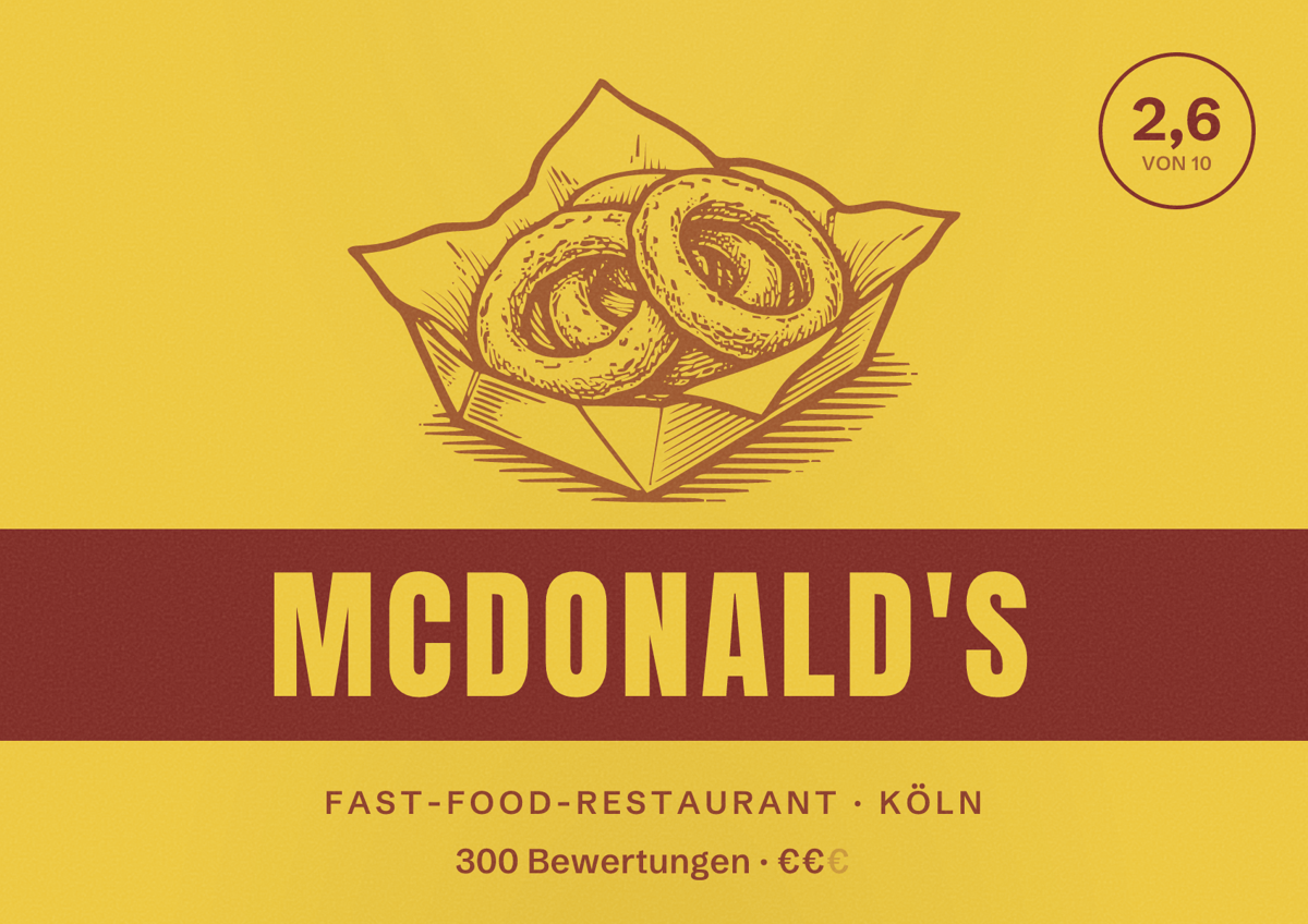 Illustriertes Poster von McDonald's, Fast-Food-Restaurant in Köln: Bewertung 2,6 von 10 aus 300 Bewertungen, Preisniveau €€