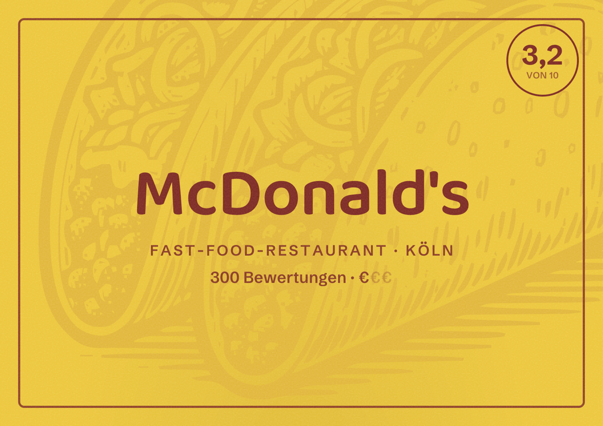 Illustriertes Poster von McDonald's, Fast-Food-Restaurant in Köln: Bewertung 3,2 von 10 aus 300 Bewertungen, Preisniveau €