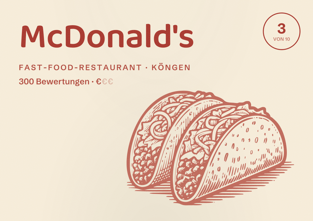 Illustriertes Poster von McDonald's, Fast-Food-Restaurant in Köngen: Bewertung 3 von 10 aus 300 Bewertungen, Preisniveau €
