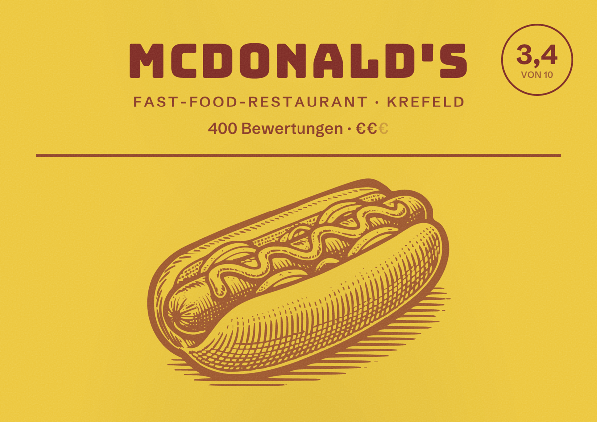 Illustriertes Poster von McDonald's, Fast-Food-Restaurant in Krefeld: Gästebewertung 3,4 von 10 aus 400 Bewertungen