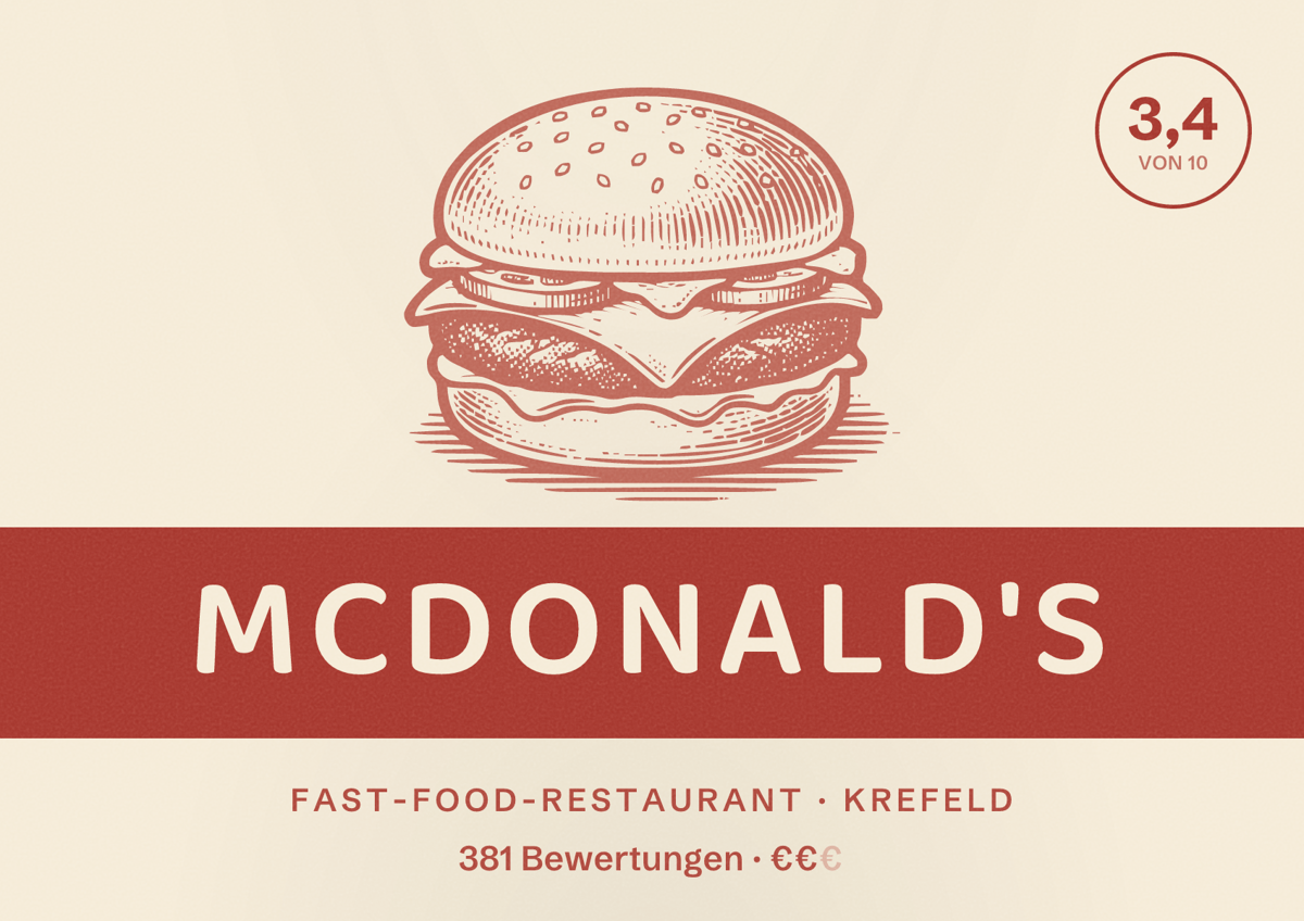 Illustriertes Poster von McDonald's, Fast-Food-Restaurant in Krefeld: Bewertung 3,4 von 10 aus 381 Bewertungen, Preisniveau €€