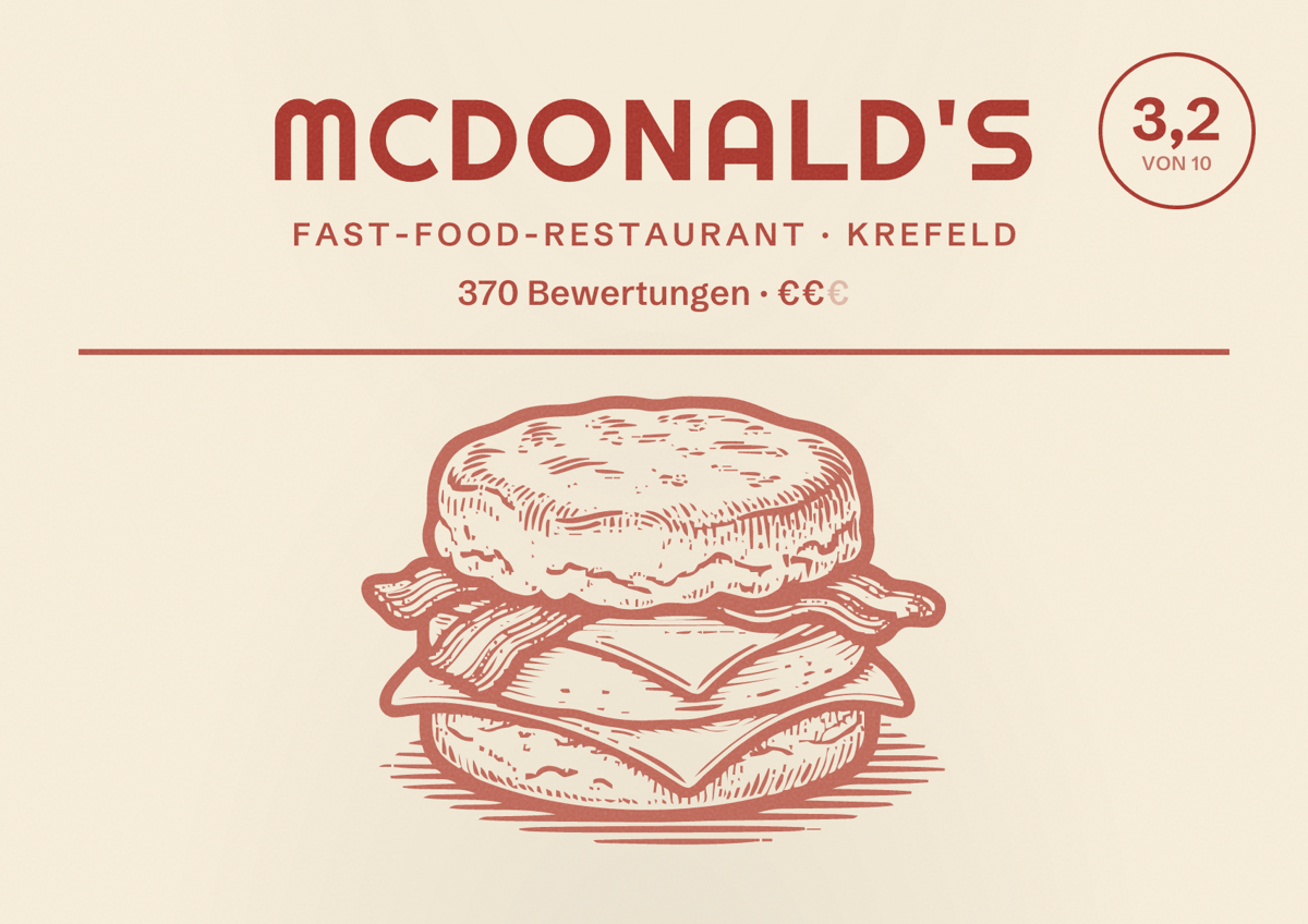 Illustriertes Poster von McDonald's, Fast-Food-Restaurant in Krefeld: Gästebewertung 3,2 von 10 aus 370 Bewertungen