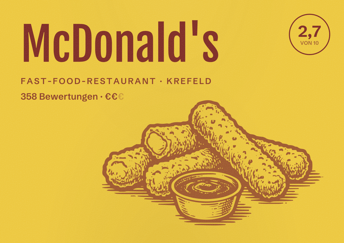 Illustriertes Poster von McDonald's, Fast-Food-Restaurant in Krefeld: Bewertung 2,7 von 10 aus 358 Bewertungen, Preisniveau €€