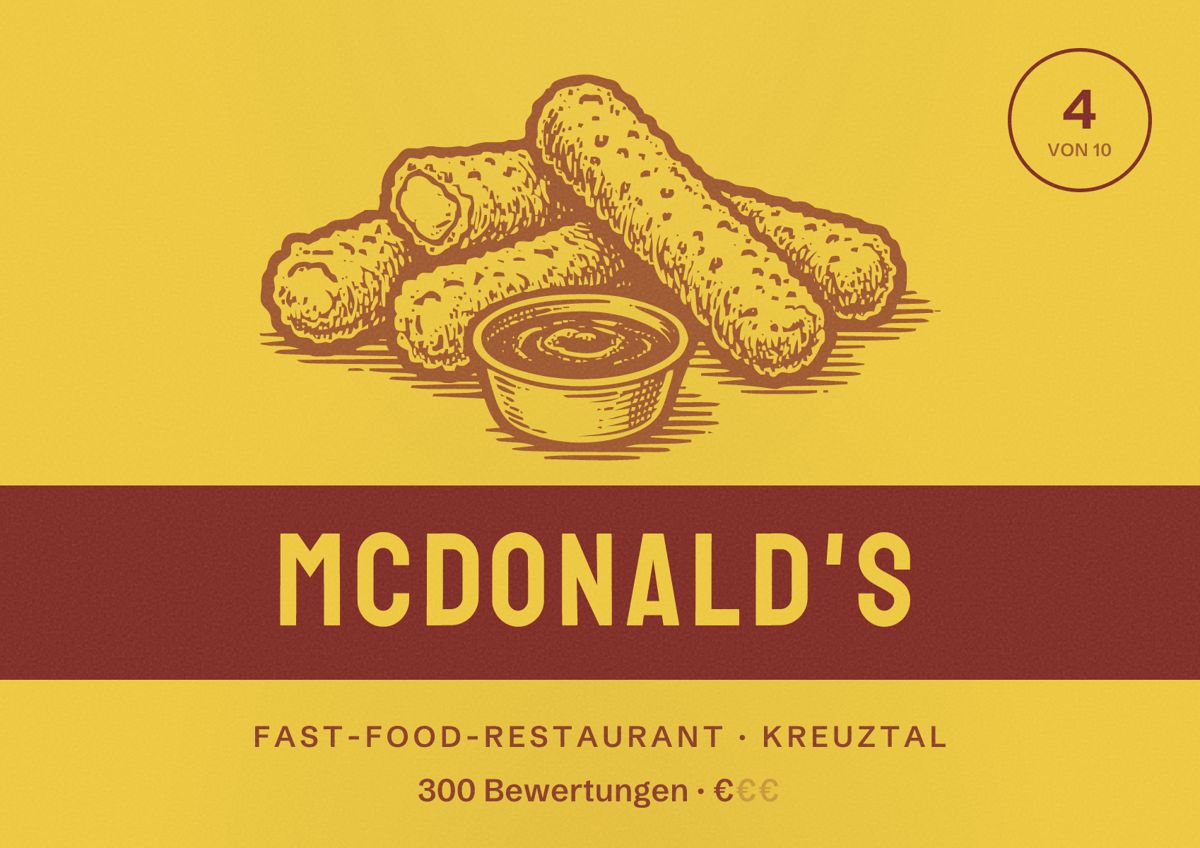 Illustriertes Poster von McDonald's, Fast-Food-Restaurant in Kreuztal: Bewertung 4 von 10 aus 300 Bewertungen, Preisniveau €