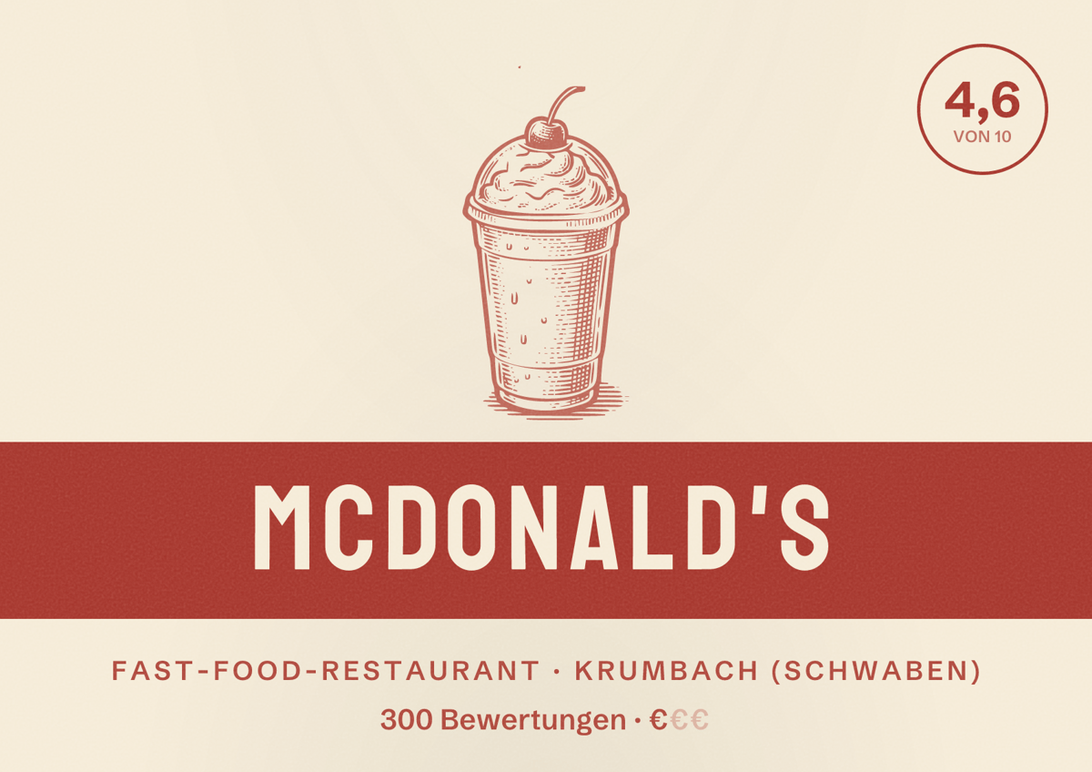 Illustriertes Poster von McDonald's, Fast-Food-Restaurant in Krumbach (Schwaben): Bewertung 4,6 von 10 aus 300 Bewertungen, Preisniveau €