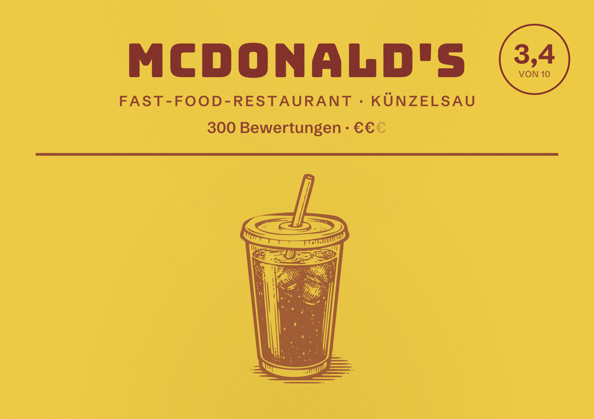 Illustriertes Poster von McDonald's, Fast-Food-Restaurant in Künzelsau: Bewertung 3,4 von 10 aus 300 Bewertungen, Preisniveau €€
