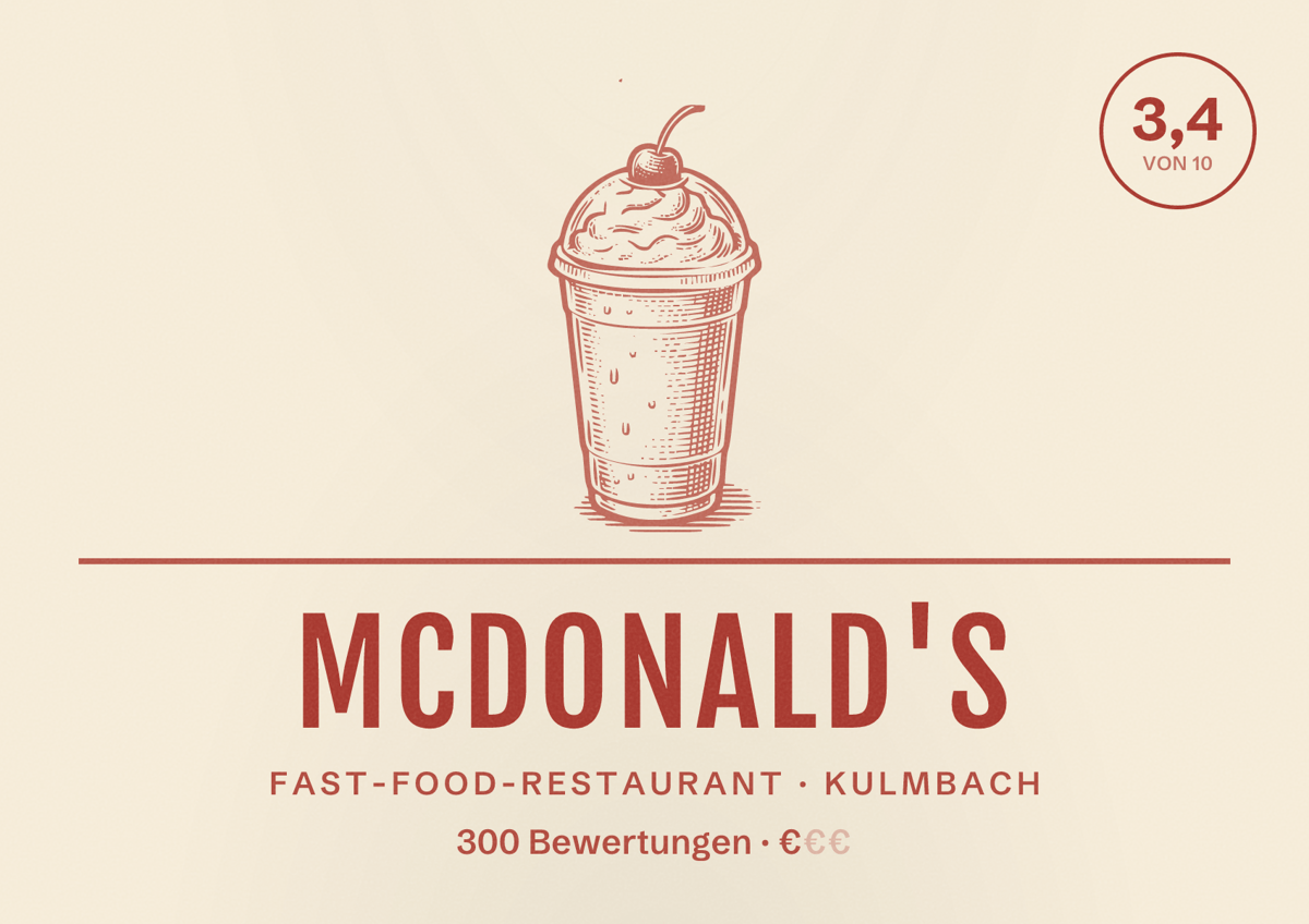 Illustriertes Poster von McDonald's, Fast-Food-Restaurant in Kulmbach: Bewertung 3,4 von 10 aus 300 Bewertungen, Preisniveau €