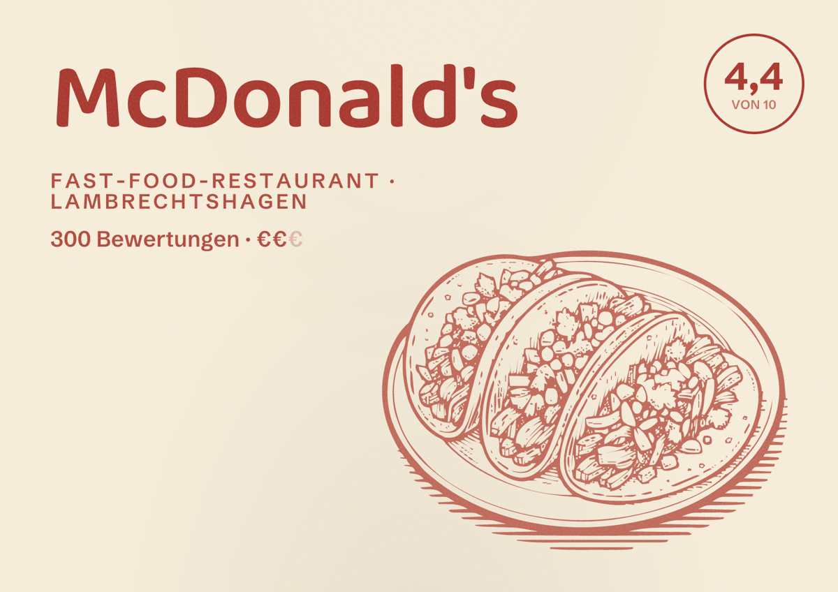 Illustriertes Poster von McDonald's, Fast-Food-Restaurant in Lambrechtshagen: Bewertung 4,4 von 10 aus 300 Bewertungen, Preisniveau €€