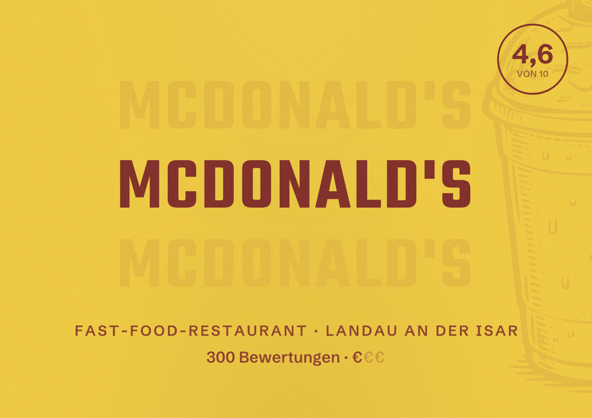 Illustriertes Poster von McDonald's, Fast-Food-Restaurant in Landau an der Isar: Bewertung 4,6 von 10 aus 300 Bewertungen, Preisniveau €