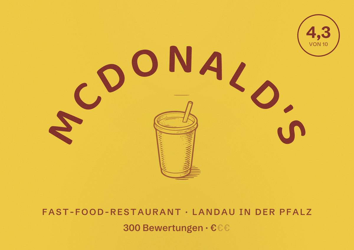 Illustriertes Poster von McDonald's, Fast-Food-Restaurant in Landau in der Pfalz: Bewertung 4,3 von 10 aus 300 Bewertungen, Preisniveau €