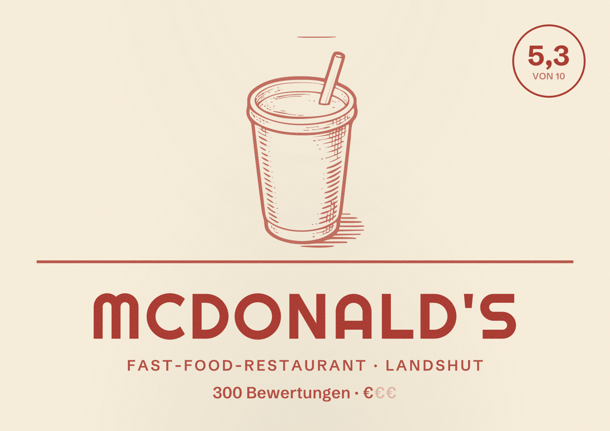 Illustriertes Poster von McDonald's, Fast-Food-Restaurant in Landshut: Bewertung 5,3 von 10 aus 300 Bewertungen, Preisniveau €