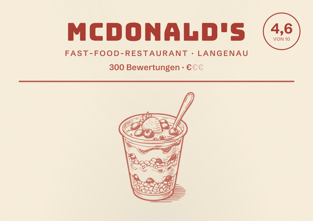 Illustriertes Poster von McDonald's, Fast-Food-Restaurant in Langenau: Bewertung 4,6 von 10 aus 300 Bewertungen, Preisniveau €