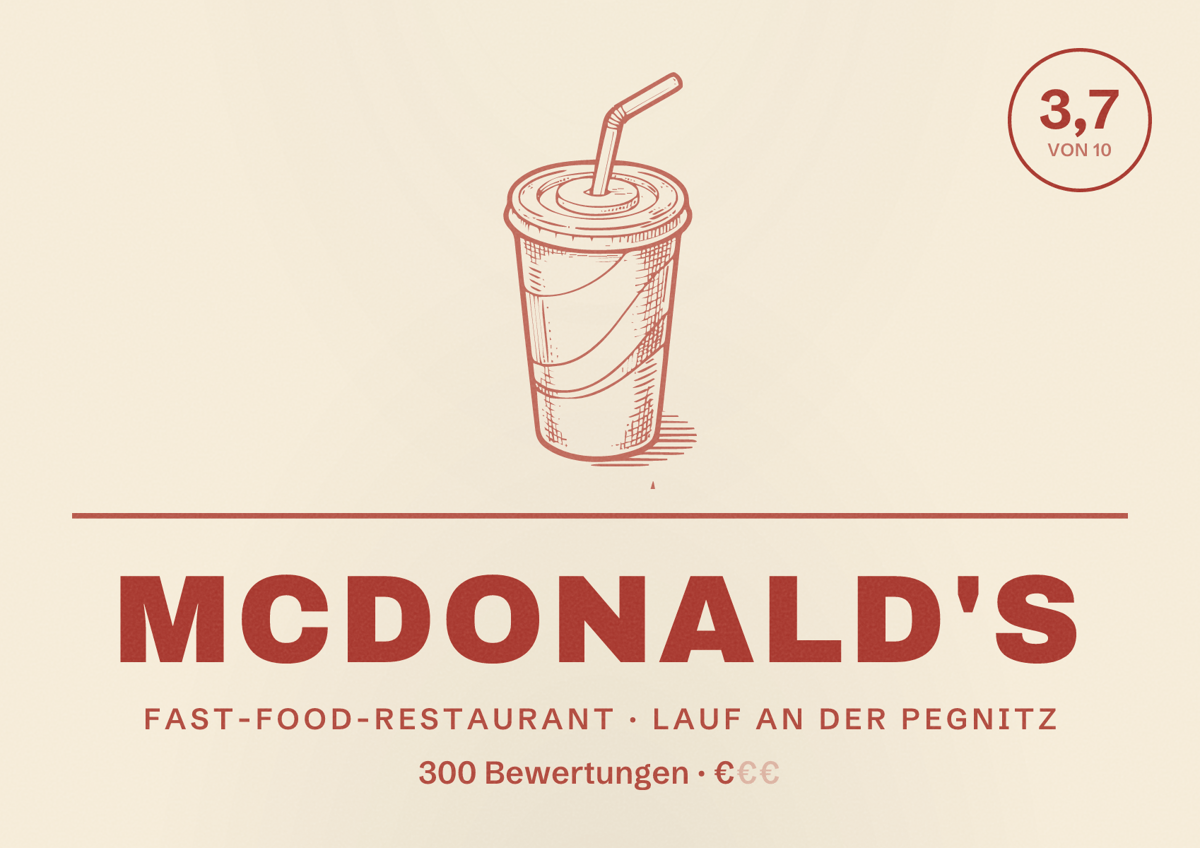 Illustriertes Poster von McDonald's, Fast-Food-Restaurant in Lauf an der Pegnitz: Bewertung 3,7 von 10 aus 300 Bewertungen, Preisniveau €