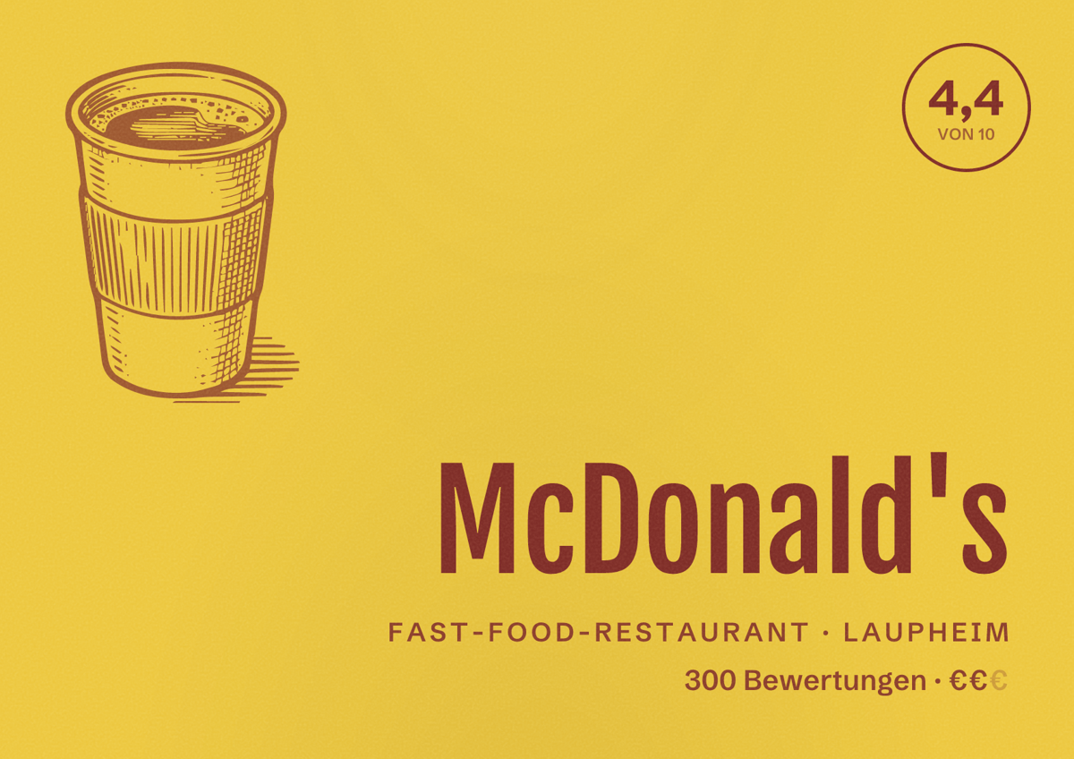 Illustriertes Poster von McDonald's, Fast-Food-Restaurant in Laupheim: Bewertung 4,4 von 10 aus 300 Bewertungen, Preisniveau €€