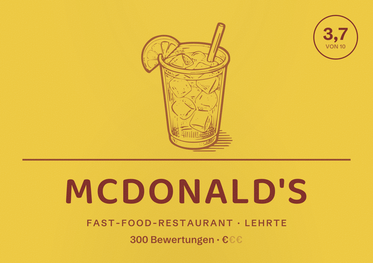 Illustriertes Poster von McDonald's, Fast-Food-Restaurant in Lehrte: Bewertung 3,7 von 10 aus 300 Bewertungen, Preisniveau €