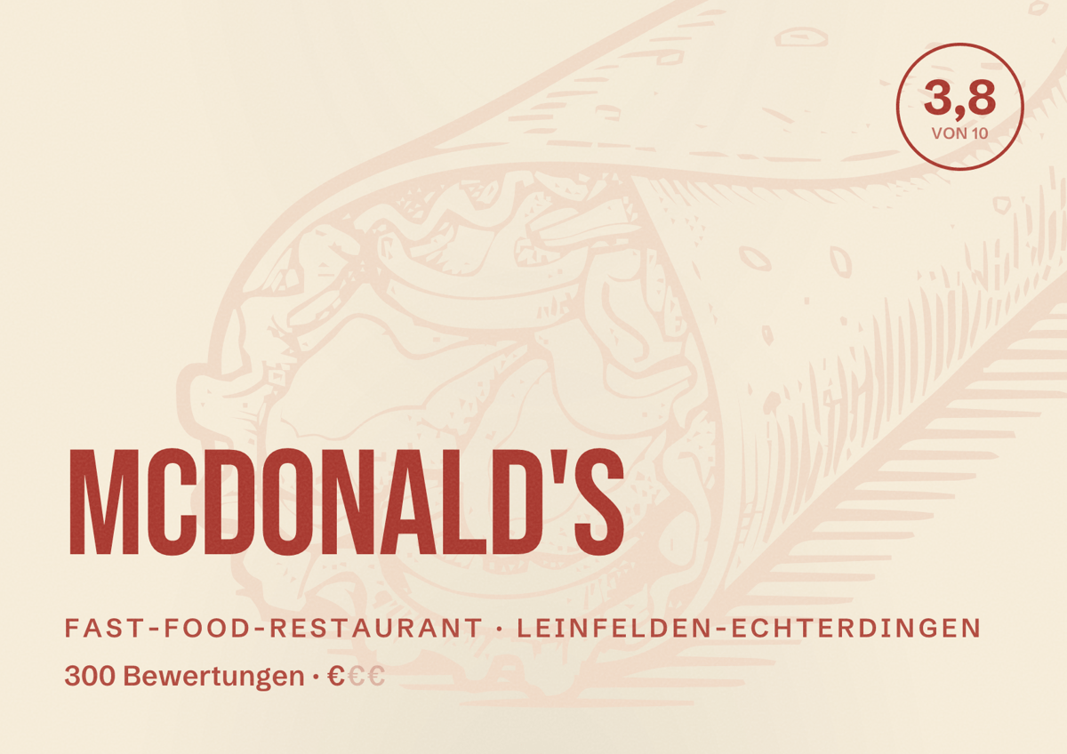 Illustriertes Poster von McDonald's, Fast-Food-Restaurant in Leinfelden-Echterdingen: Bewertung 3,8 von 10 aus 300 Bewertungen, Preisniveau €