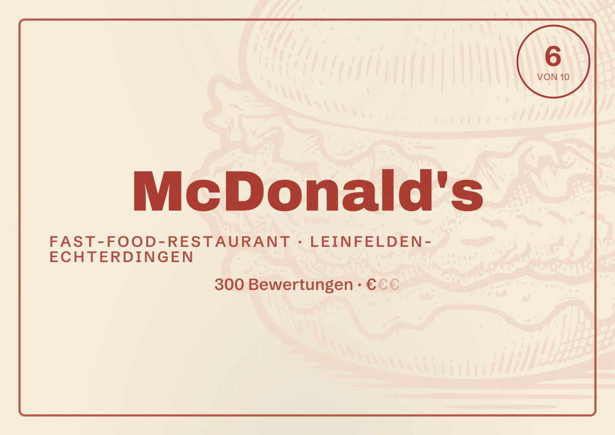 Illustriertes Poster von McDonald's, Fast-Food-Restaurant in Leinfelden-Echterdingen: Bewertung 6 von 10 aus 300 Bewertungen, Preisniveau €