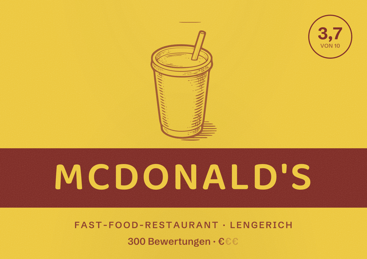 Illustriertes Poster von McDonald's, Fast-Food-Restaurant in Lengerich: Bewertung 3,7 von 10 aus 300 Bewertungen, Preisniveau €
