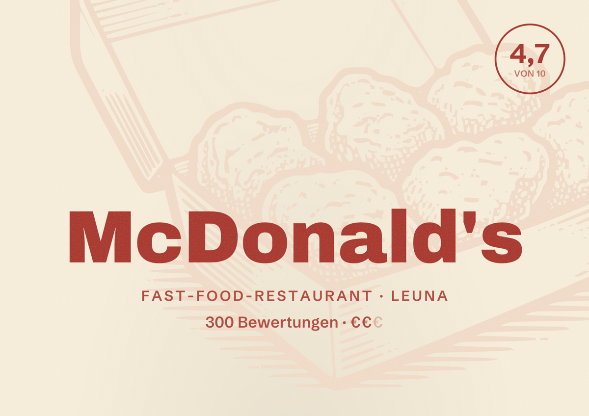 Illustriertes Poster von McDonald's, Fast-Food-Restaurant in Leuna: Bewertung 4,7 von 10 aus 300 Bewertungen, Preisniveau €€