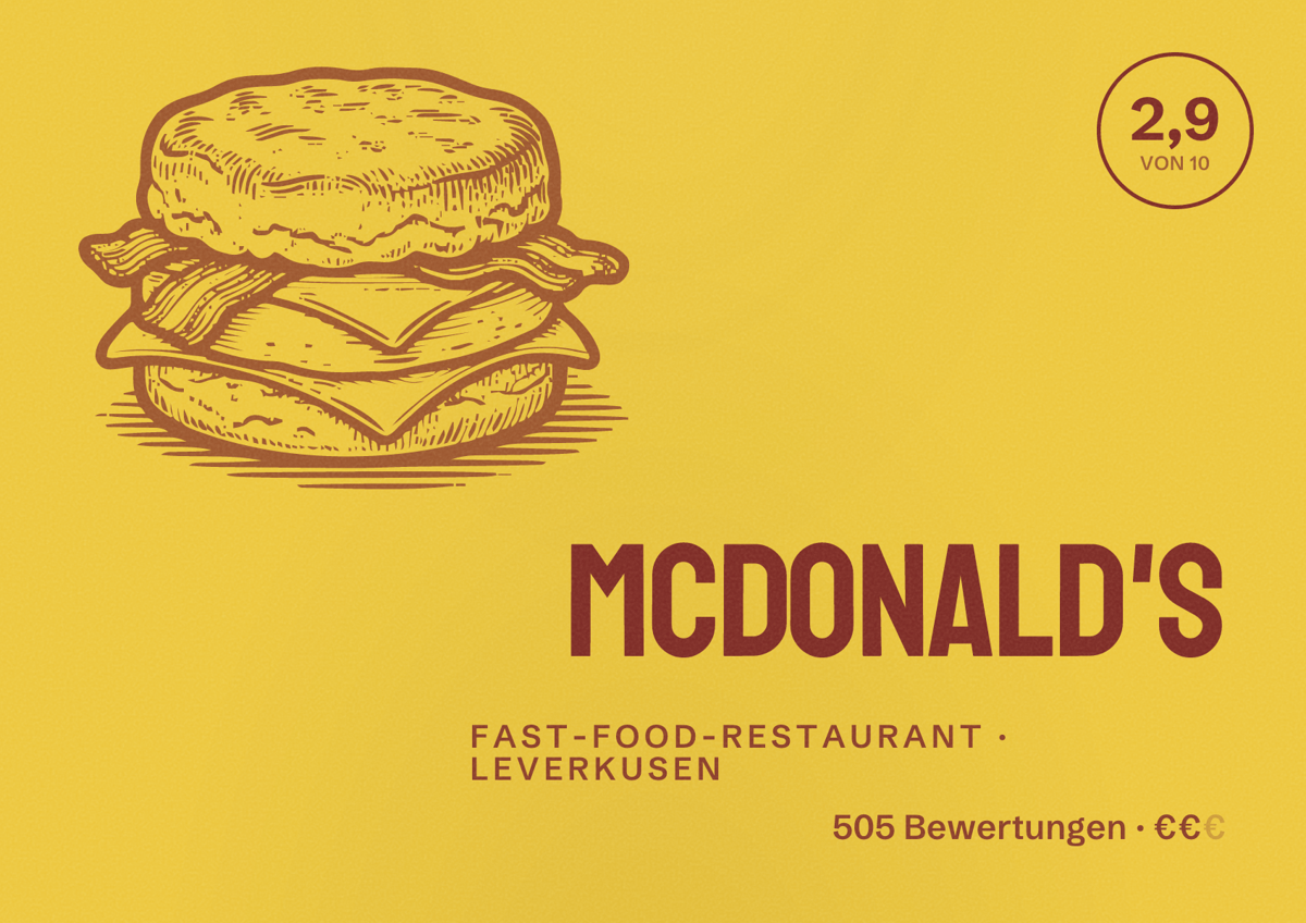 Illustriertes Poster von McDonald's, Fast-Food-Restaurant in Leverkusen: Bewertung 2,9 von 10 aus 505 Bewertungen, Preisniveau €€