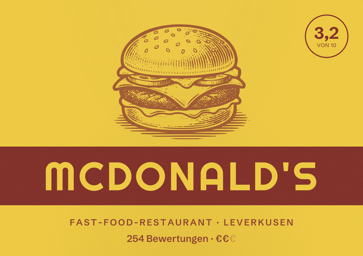 Illustriertes Poster von McDonald's, Fast-Food-Restaurant in Leverkusen: Bewertung 3,2 von 10 aus 254 Bewertungen, Preisniveau €€