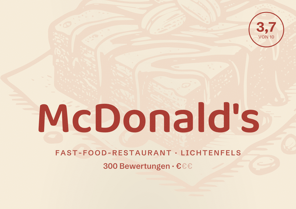 Illustriertes Poster von McDonald's, Fast-Food-Restaurant in Lichtenfels: Bewertung 3,7 von 10 aus 300 Bewertungen, Preisniveau €