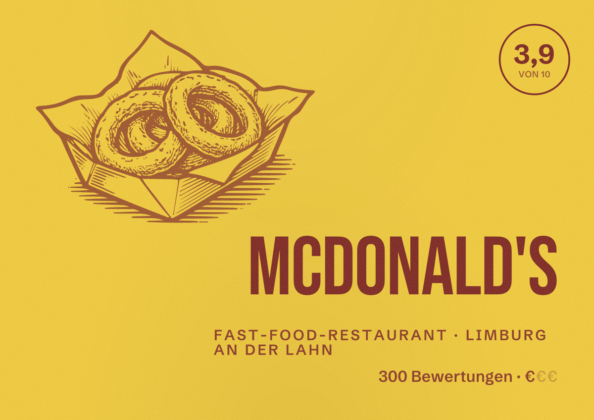 Illustriertes Poster von McDonald's, Fast-Food-Restaurant in Limburg an der Lahn: Bewertung 3,9 von 10 aus 300 Bewertungen, Preisniveau €