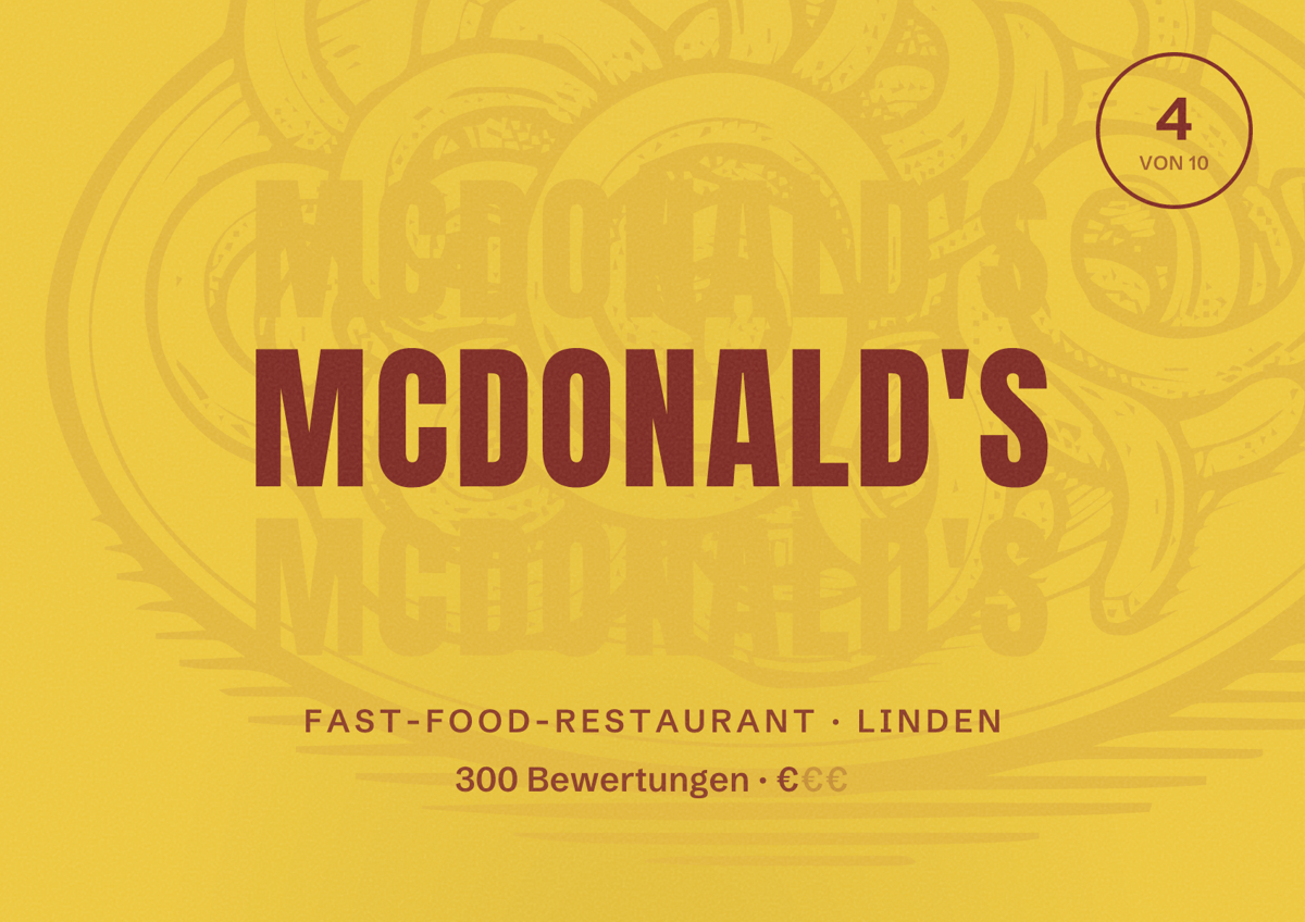 Illustriertes Poster von McDonald's, Fast-Food-Restaurant in Linden: Bewertung 4 von 10 aus 300 Bewertungen, Preisniveau €