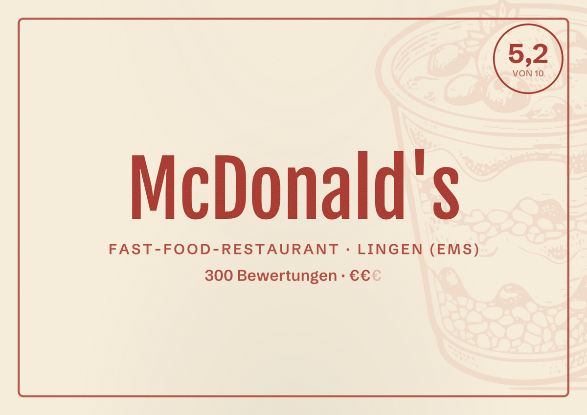 Illustriertes Poster von McDonald's, Fast-Food-Restaurant in Lingen (Ems): Bewertung 5,2 von 10 aus 300 Bewertungen, Preisniveau €€