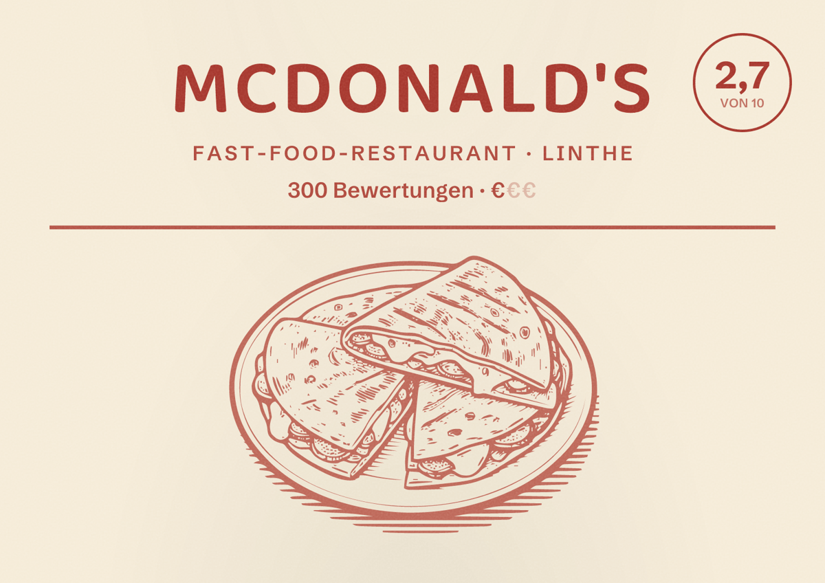 Illustriertes Poster von McDonald's, Fast-Food-Restaurant in Linthe: Bewertung 2,7 von 10 aus 300 Bewertungen, Preisniveau €