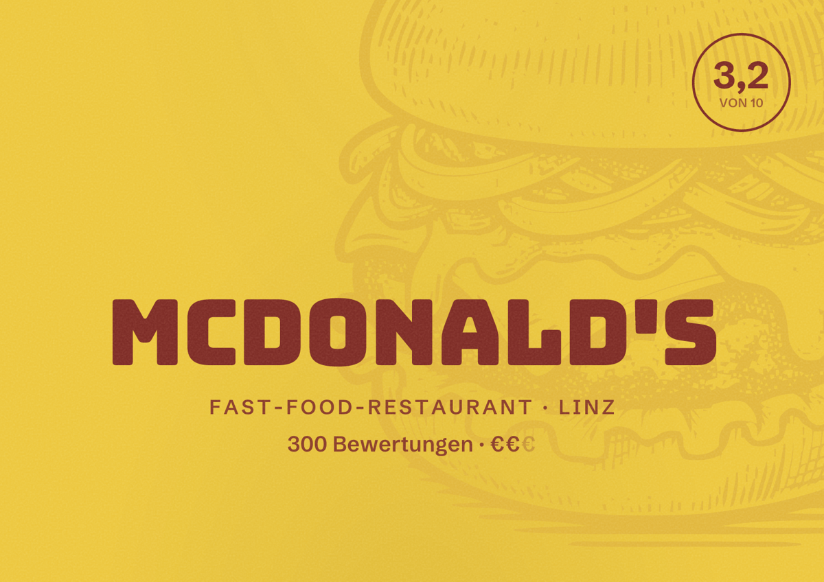 Illustriertes Poster von McDonald's, Fast-Food-Restaurant in Linz: Bewertung 3,2 von 10 aus 300 Bewertungen, Preisniveau €€