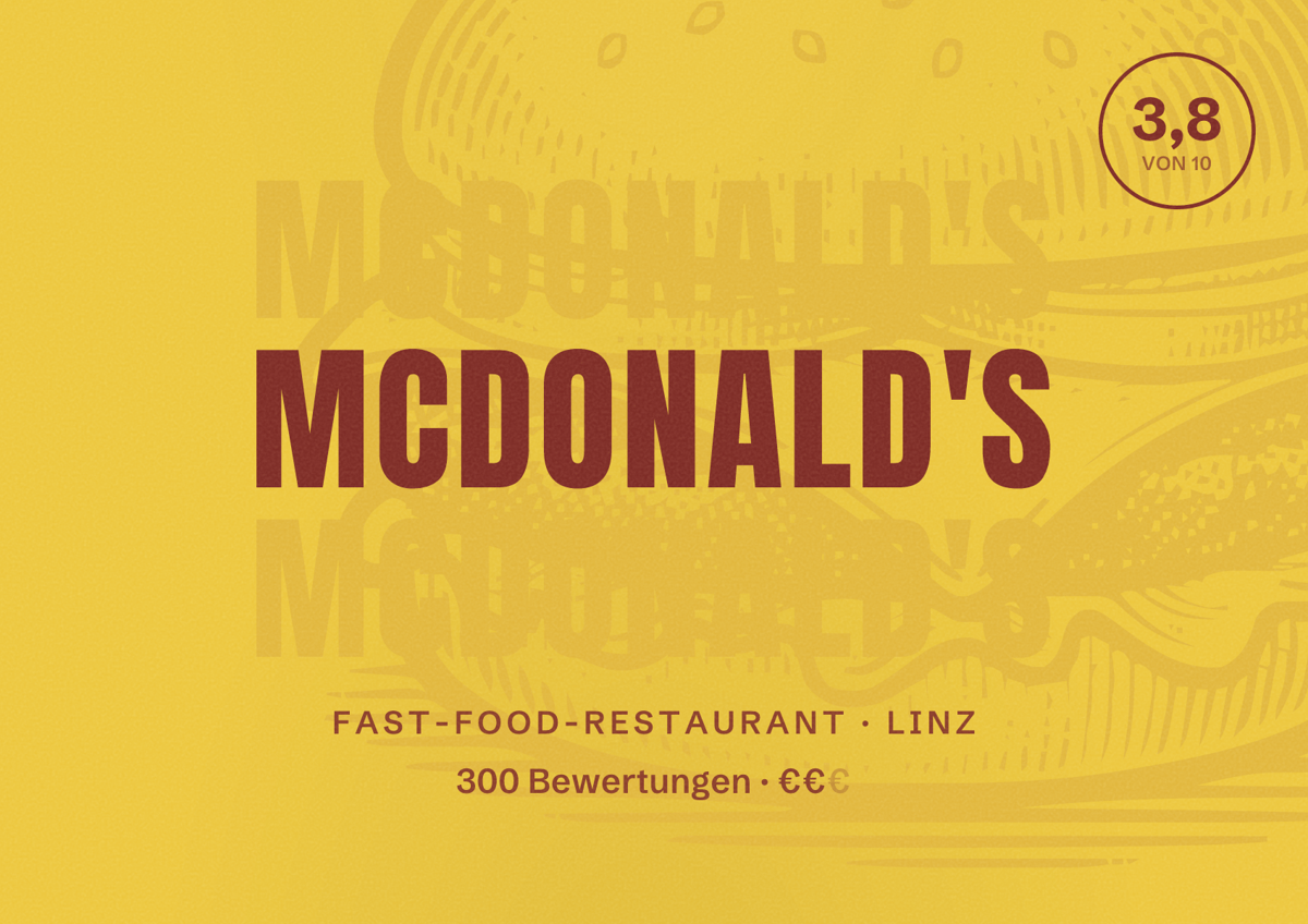 Illustriertes Poster von McDonald's, Fast-Food-Restaurant in Linz: Bewertung 3,8 von 10 aus 300 Bewertungen, Preisniveau €€