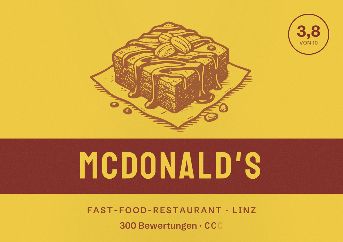 Illustriertes Poster von McDonald's, Fast-Food-Restaurant in Linz: Bewertung 3,8 von 10 aus 300 Bewertungen, Preisniveau €€