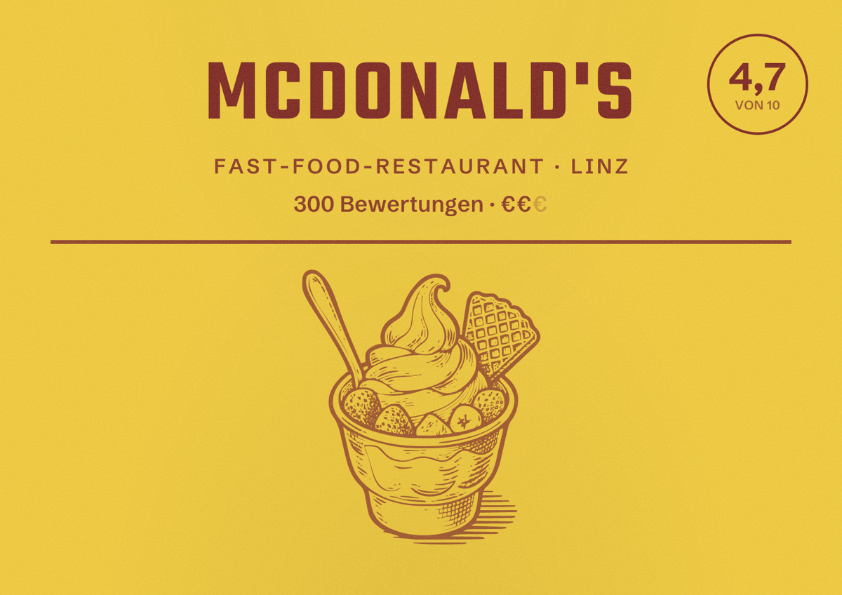 Illustriertes Poster von McDonald's, Fast-Food-Restaurant in Linz: Bewertung 4,7 von 10 aus 300 Bewertungen, Preisniveau €€