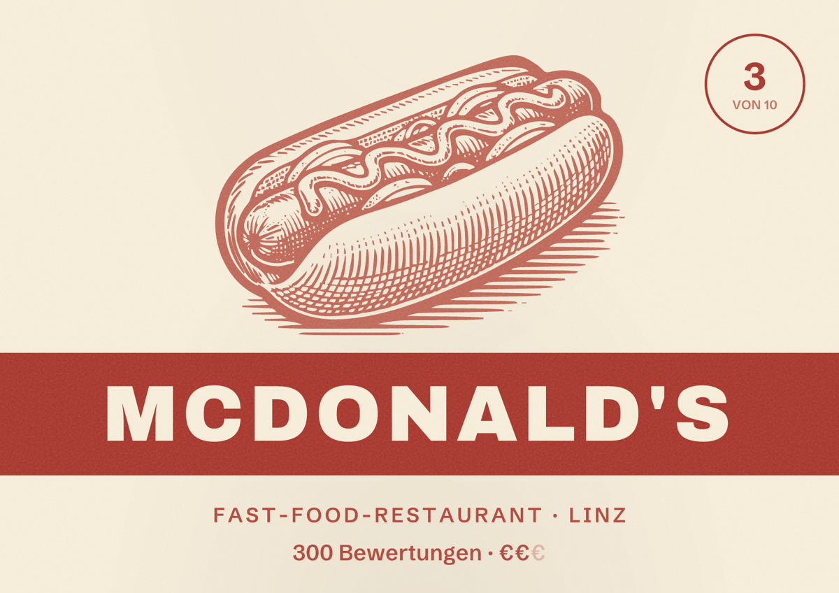 Illustriertes Poster von McDonald's, Fast-Food-Restaurant in Linz: Bewertung 3 von 10 aus 300 Bewertungen, Preisniveau €€