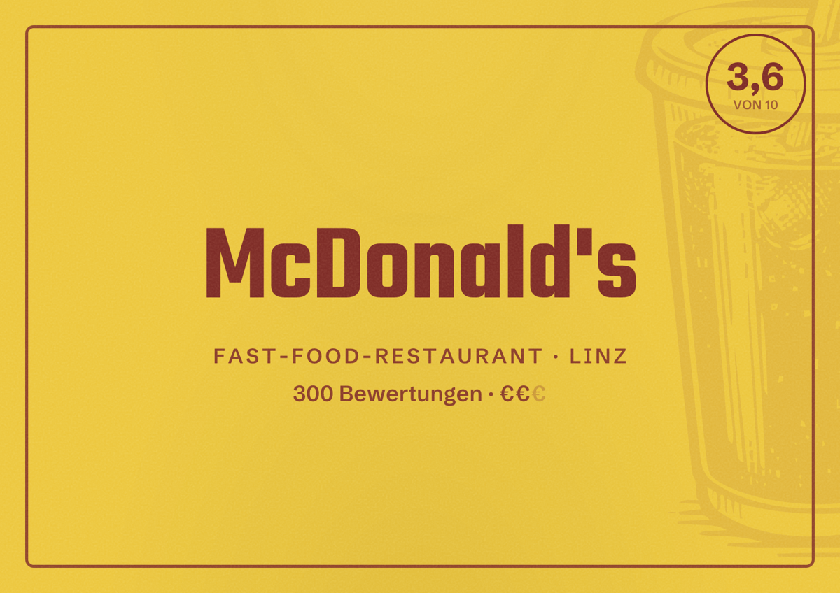 Illustriertes Poster von McDonald's, Fast-Food-Restaurant in Linz: Bewertung 3,6 von 10 aus 300 Bewertungen, Preisniveau €€