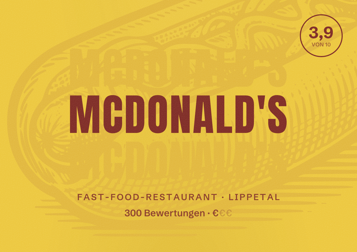 Illustriertes Poster von McDonald's, Fast-Food-Restaurant in Lippetal: Bewertung 3,9 von 10 aus 300 Bewertungen, Preisniveau €