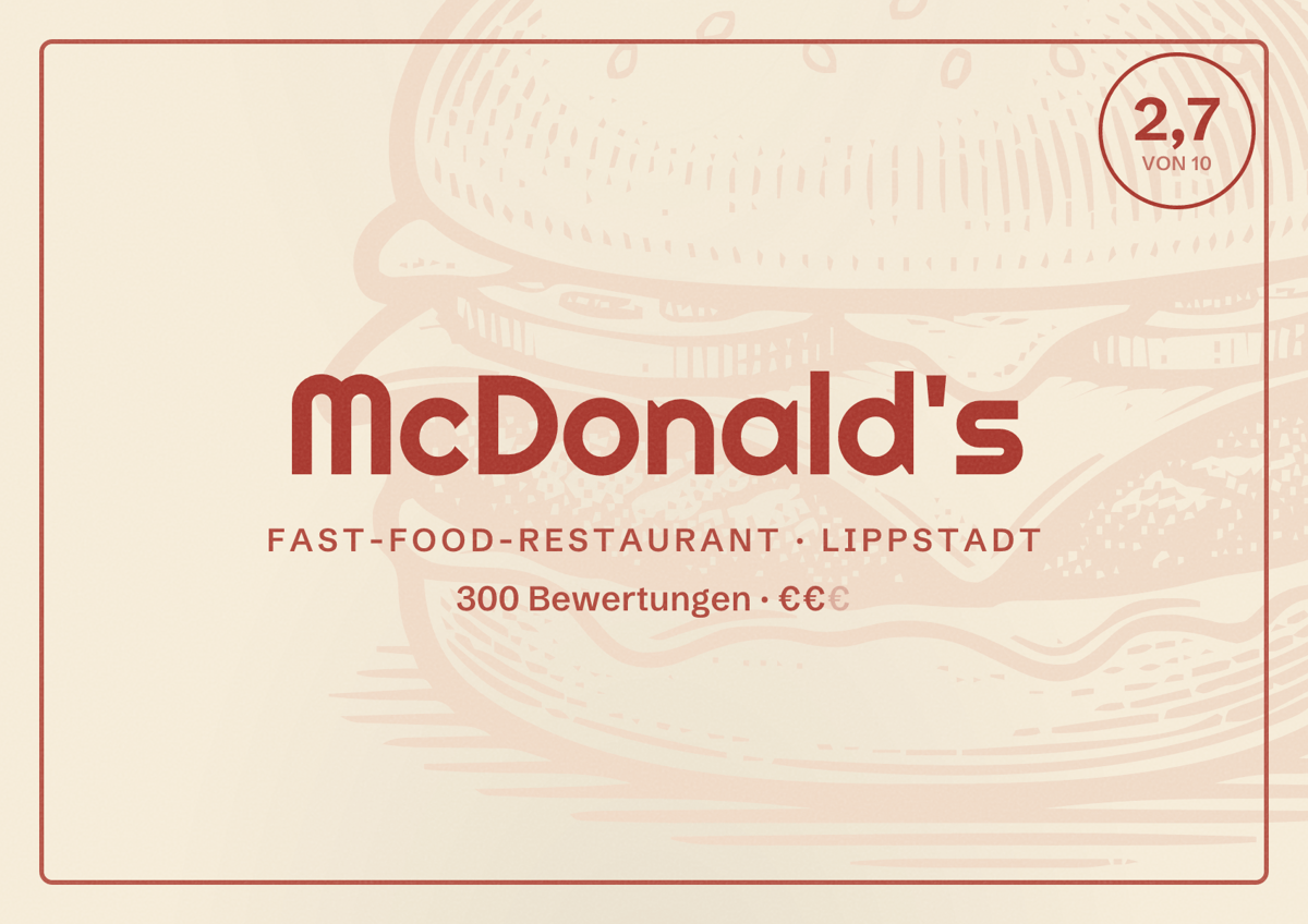 Illustriertes Poster von McDonald's, Fast-Food-Restaurant in Lippstadt: Bewertung 2,7 von 10 aus 300 Bewertungen, Preisniveau €€