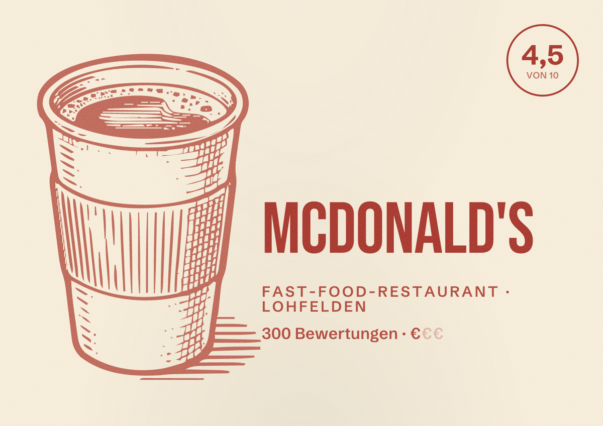 Illustriertes Poster von McDonald's, Fast-Food-Restaurant in Lohfelden: Bewertung 4,5 von 10 aus 300 Bewertungen, Preisniveau €