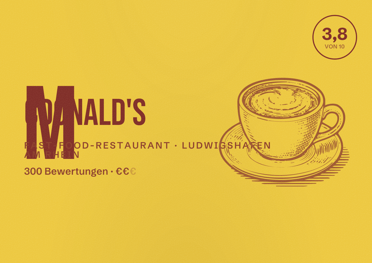 Illustriertes Poster von McDonald's, Fast-Food-Restaurant in Ludwigshafen am Rhein: Bewertung 3,8 von 10 aus 300 Bewertungen, Preisniveau €€