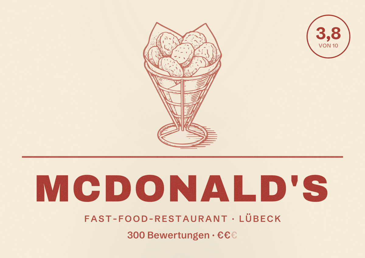 Illustriertes Poster von McDonald's, Fast-Food-Restaurant in Lübeck: Bewertung 3,8 von 10 aus 300 Bewertungen, Preisniveau €€