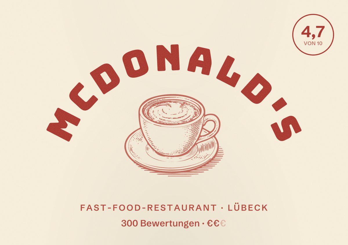 Illustriertes Poster von McDonald's, Fast-Food-Restaurant in Lübeck: Bewertung 4,7 von 10 aus 300 Bewertungen, Preisniveau €€