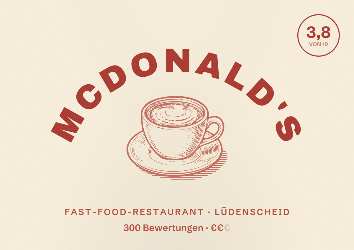 Illustriertes Poster von McDonald's, Fast-Food-Restaurant in Lüdenscheid: Bewertung 3,8 von 10 aus 300 Bewertungen, Preisniveau €€