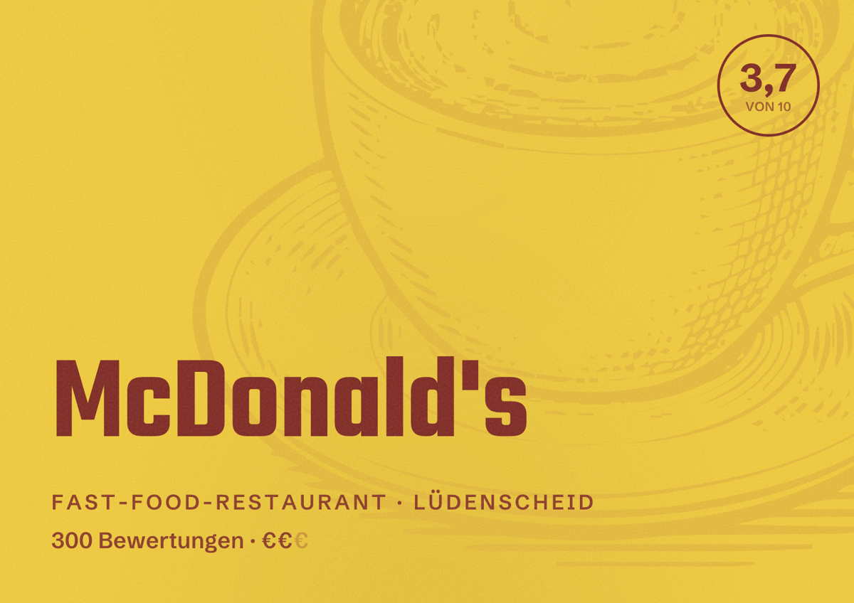 Illustriertes Poster von McDonald's, Fast-Food-Restaurant in Lüdenscheid: Bewertung 3,7 von 10 aus 300 Bewertungen, Preisniveau €€