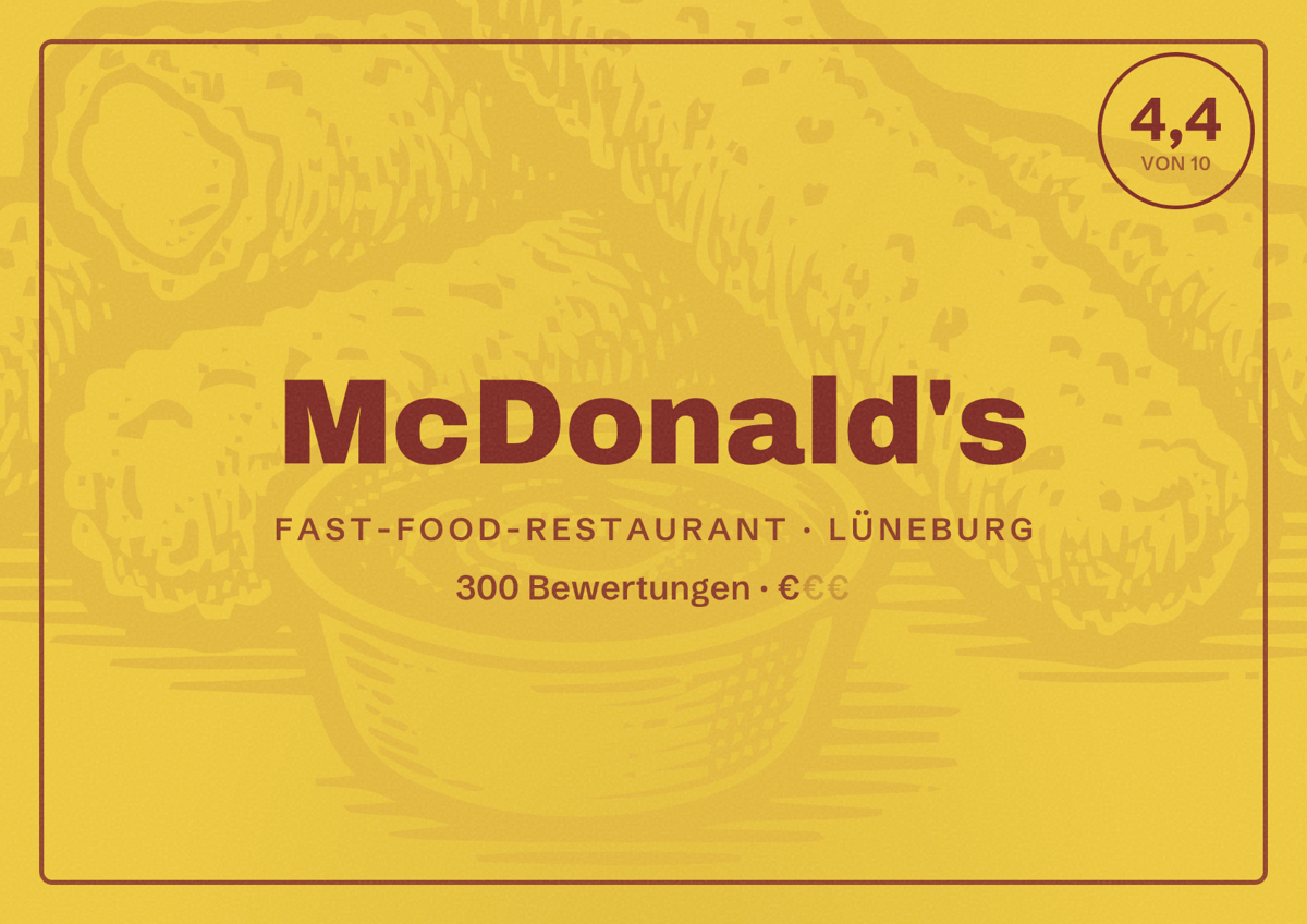 Illustriertes Poster von McDonald's, Fast-Food-Restaurant in Lüneburg: Bewertung 4,4 von 10 aus 300 Bewertungen, Preisniveau €